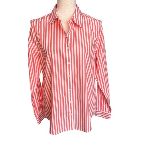 Lands End Sz 12 Coral White Striped No Iron Twill Button Shirt 100% cotton - Picture 1 of 6